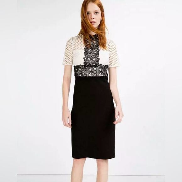 ZARA Black Sheath Tube Dress Twee Lace Short Sleeve Top Size S Office Cocktail - Picture 1 of 16